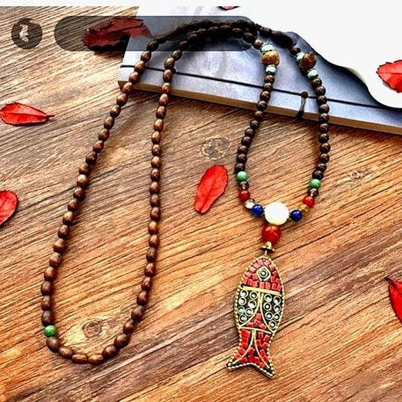 Long Sweater Necklace 20" Stone Bead Red Blue Pisces Fish Jewelry Boho Necklaces - Picture 2 of 10